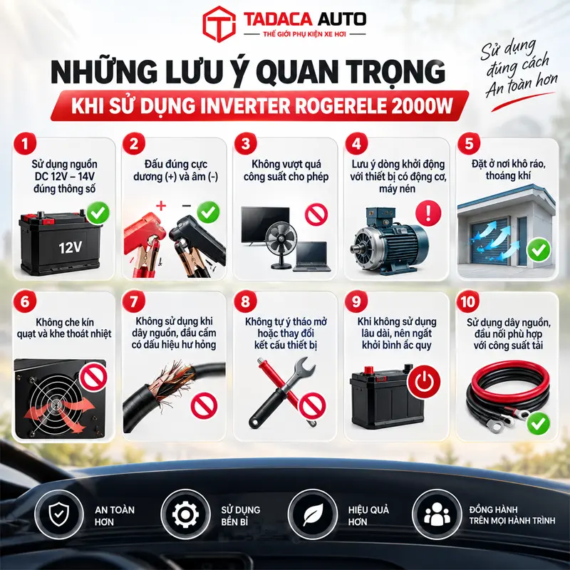 Những lưu ý quan trọng khi sử dụng inverter Rogerele 2000W