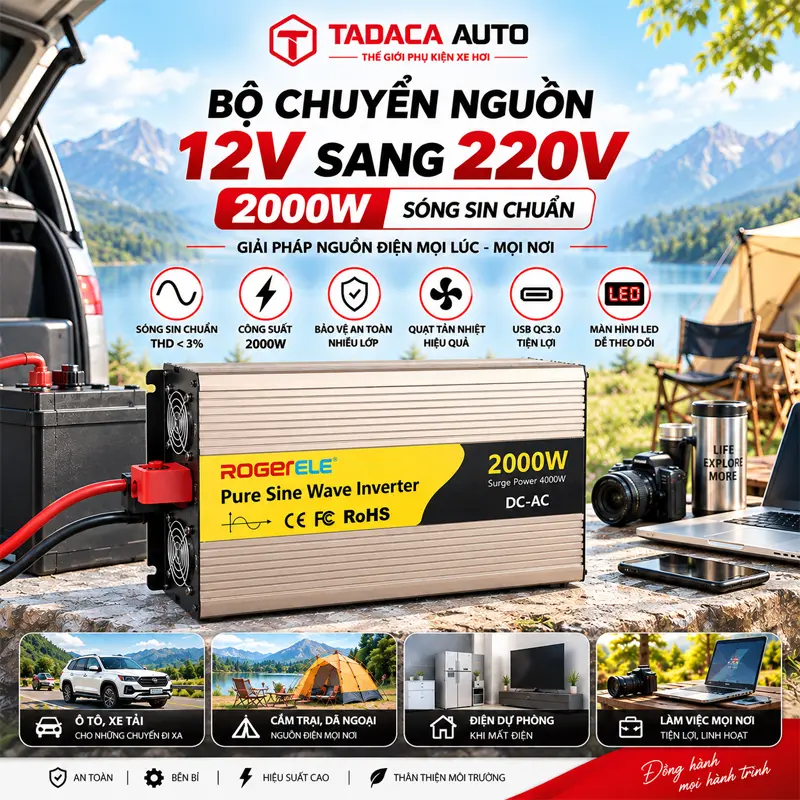 Bộ chuyển nguồn 12V sang 220V Rogerele 2000W sóng sin