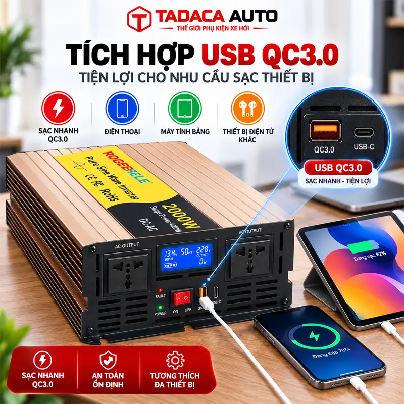 Tích hợp USB QC3.0 tiện lợi cho nhu cầu sạc thiết bị