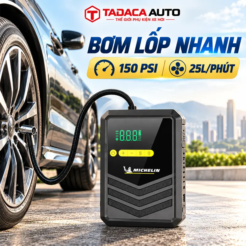 Bơm lốp nhanh với áp suất tối đa 150 PSI và lưu lượng 25L/phút  