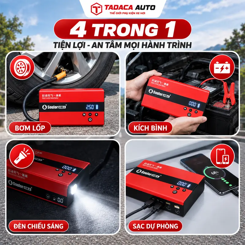 Tích hợp bơm lốp và kích bình, sạc điện thoại, đèn chiếu sáng ban đêm trong cùng một thiết bị