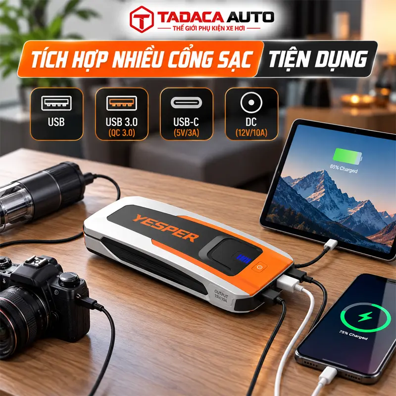 Tích hợp nhiều cổng sạc và nguồn điện tiện dụng  