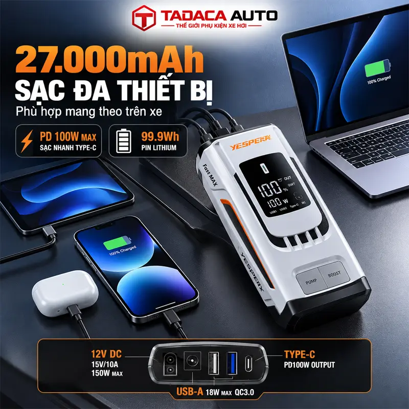 Pin Lithium 27.000mAh – dung lượng lớn, phù hợp mang theo trên xe