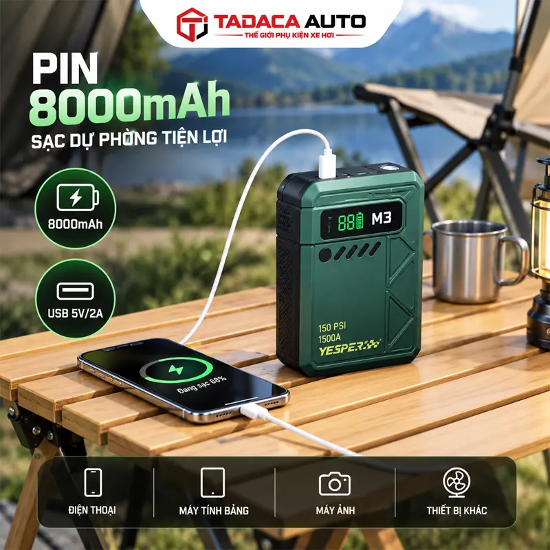 Pin 8000mAh, tích hợp cổng USB tiện dụng
