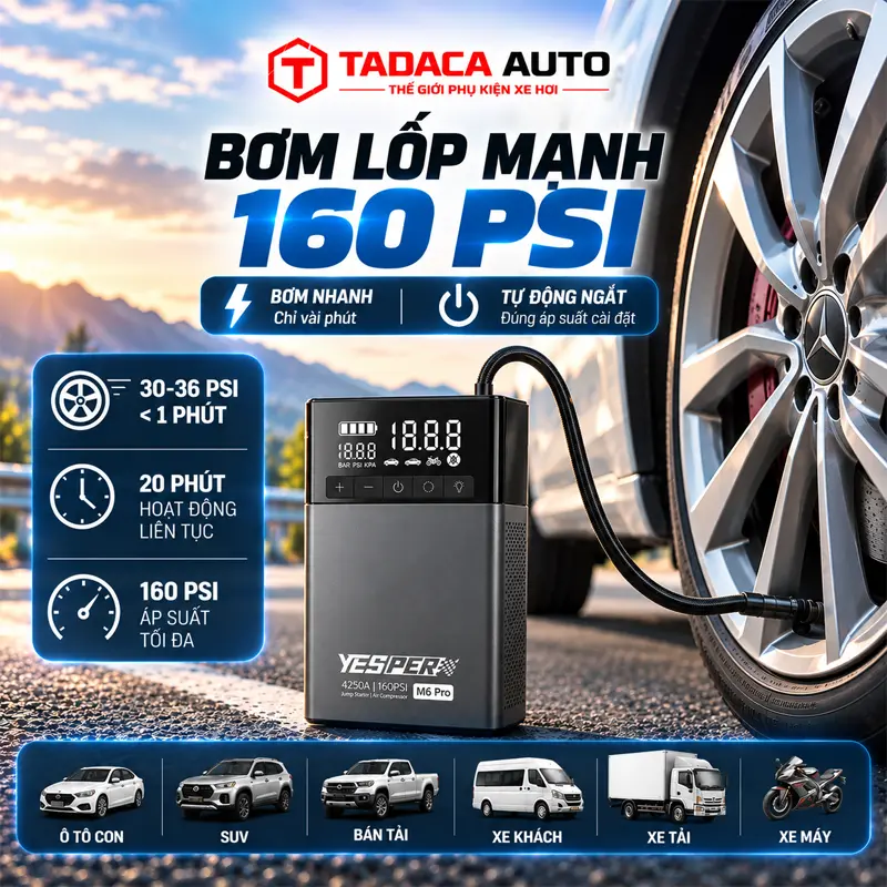 Máy bơm lốp mạnh, áp suất tối đa lên đến 160 PSI  