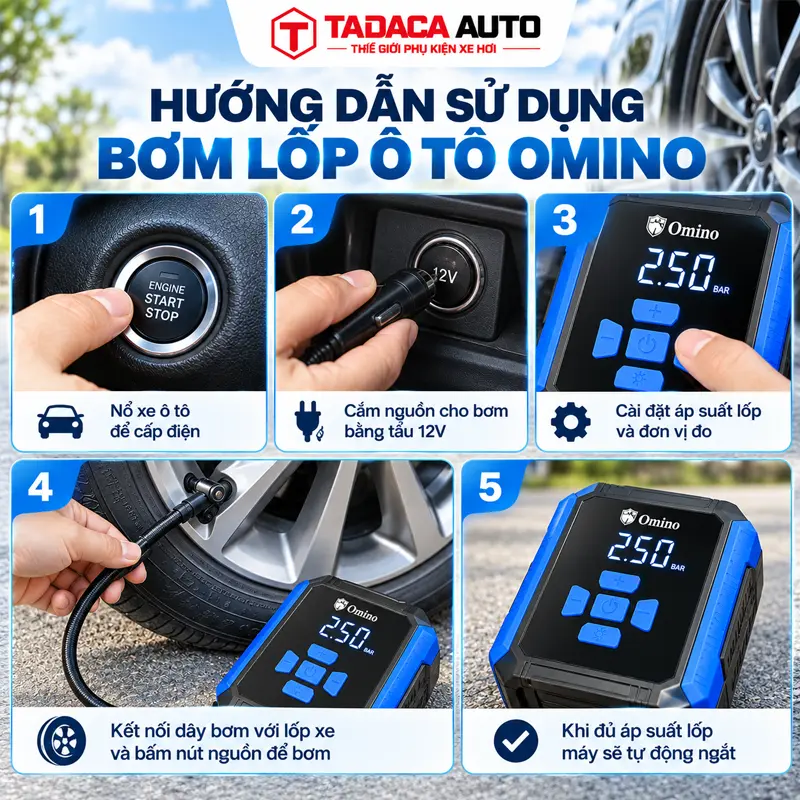 Hướng dẫn sử dụng bơm lốp ô tô Omino