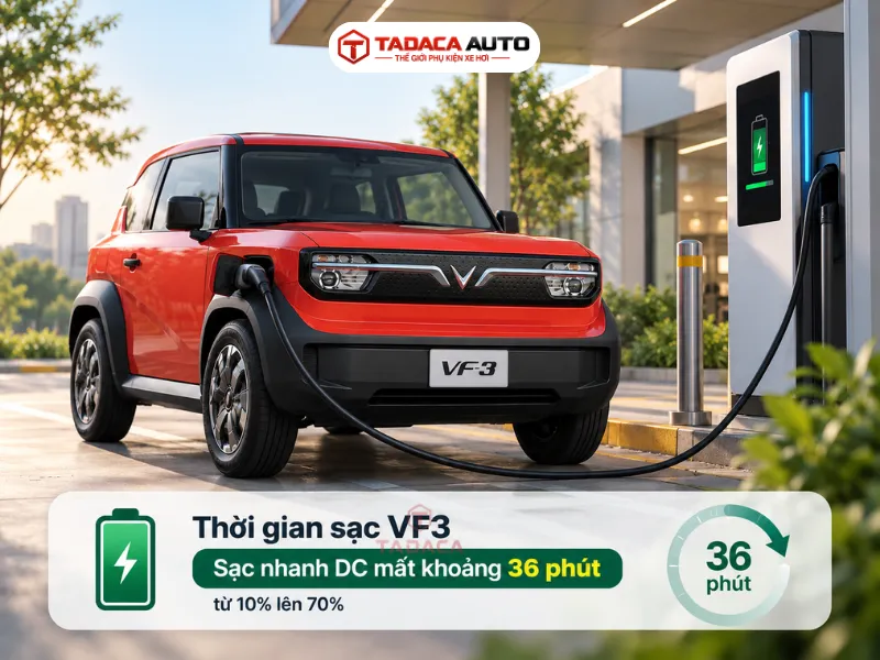vf3 sạc bao lâu thì đầy Sạc nhanh DC mất khoảng 36 phút từ 10% lên 70%