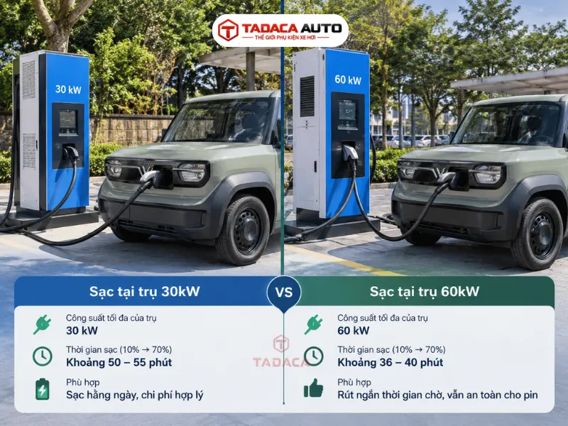 So sánh sạc VF3 tại trụ 30kW và 60kW