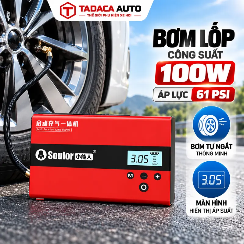 Công suất bơm 100W, áp lực 61 PSI tích hợp chế độ bơm tự ngắt thông minh  