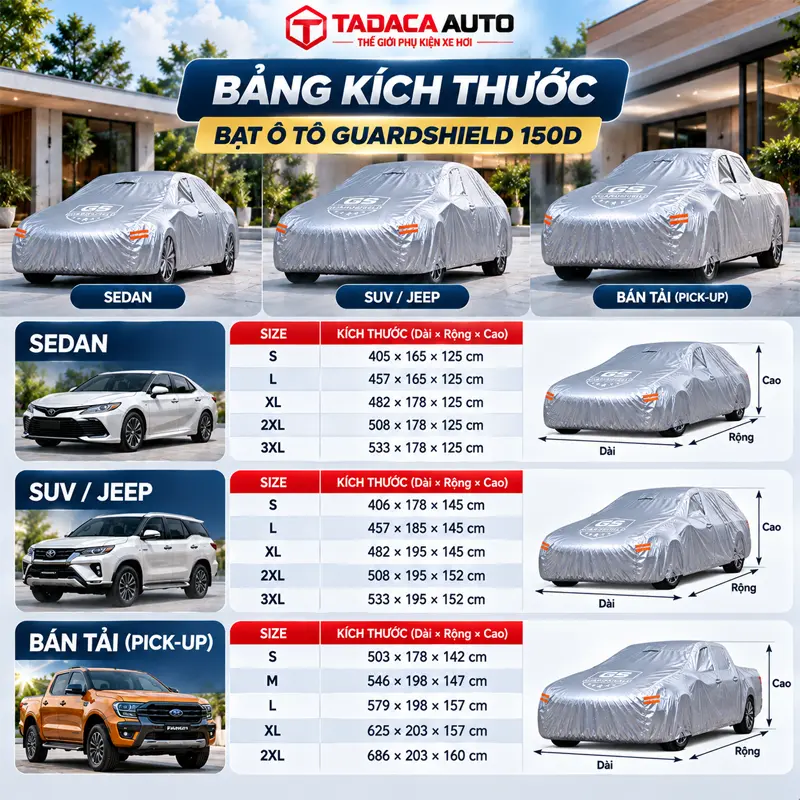 Bảng kích thước lựa chọn size bạt ô tô vải dù Oxford Guardshield 150D