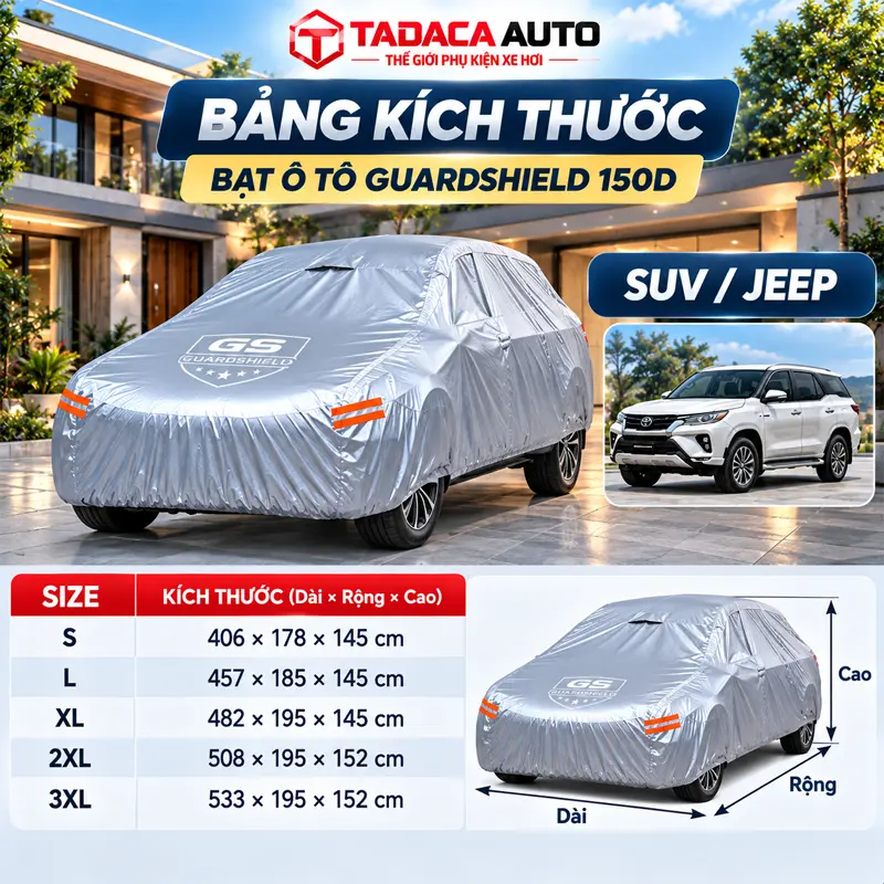Bảng kích thước lựa chọn size bạt ô tô vải dù Oxford Guardshield 150D