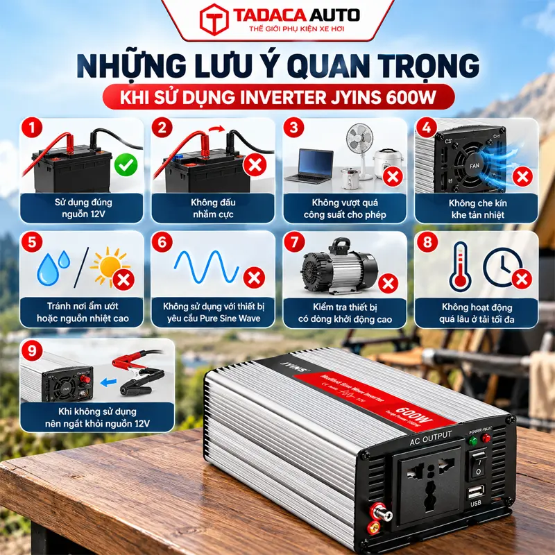 Những lưu ý quan trọng khi sử dụng inverter JYINS 600W