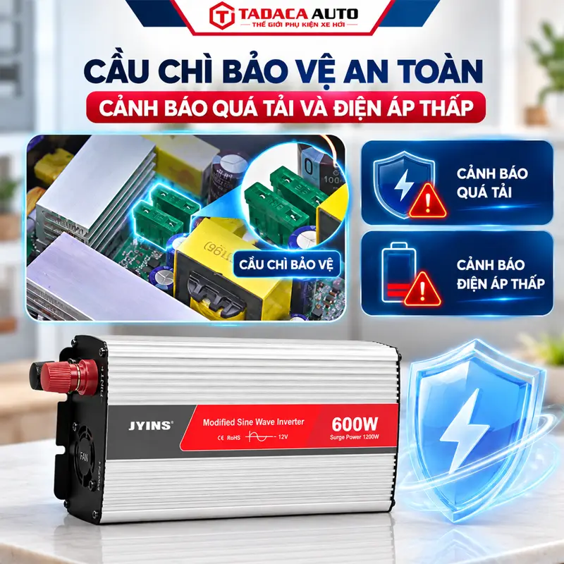 Có cầu chì bảo vệ an toàn, cảnh báo quá tải và điện áp thấp