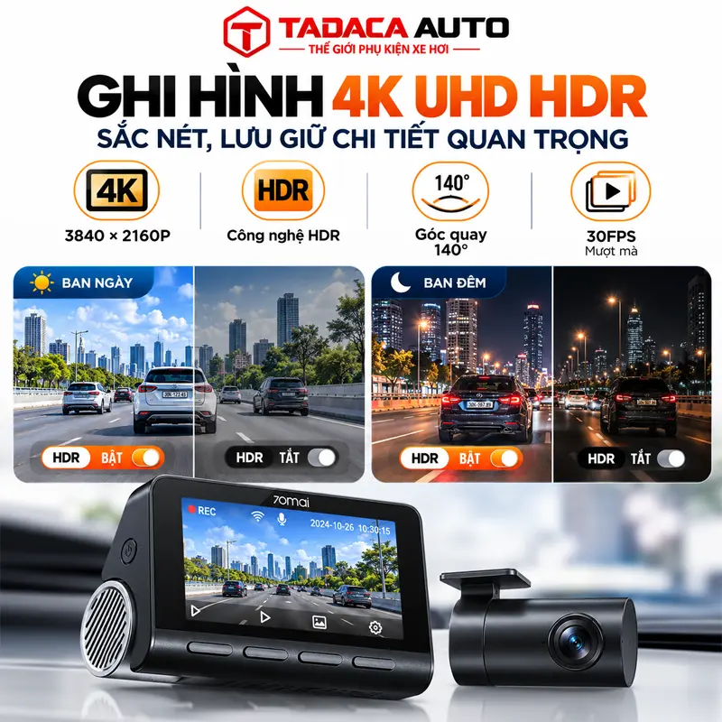 Ghi hình 4K UHD HDR sắc nét, lưu giữ chi tiết quan trọng trên đường