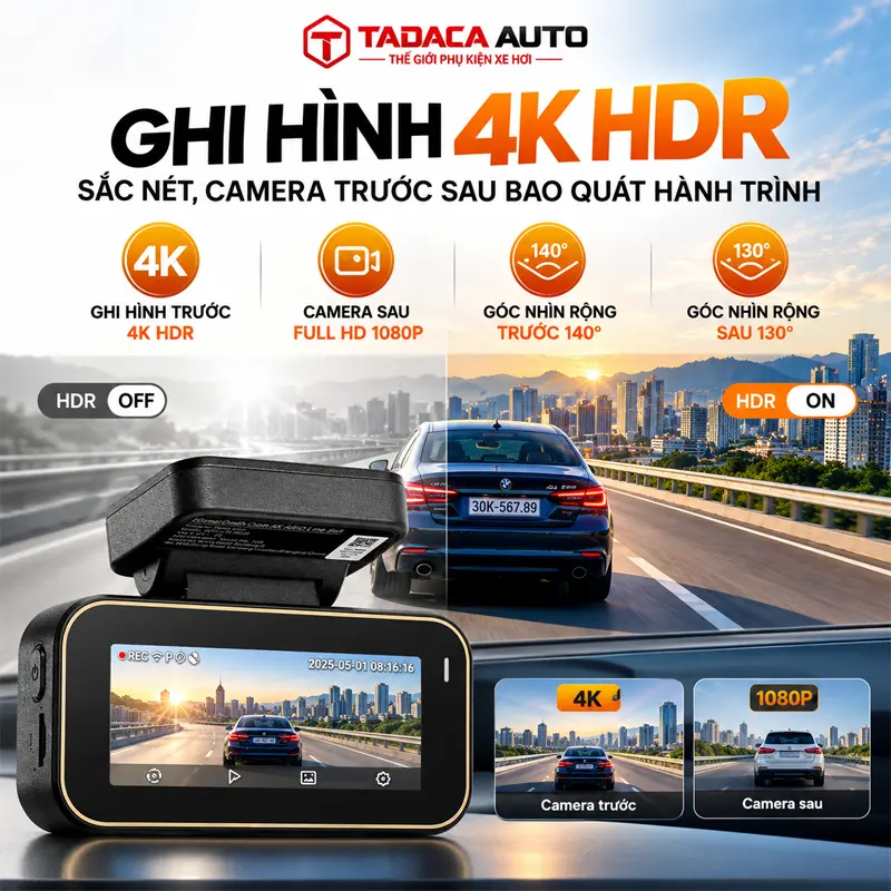 Ghi hình 4K HDR sắc nét, camera trước sau bao quát hành trình