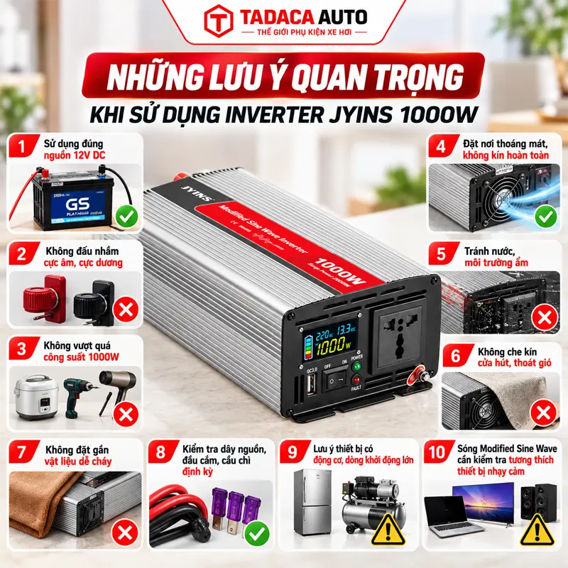 Những lưu ý quan trọng khi sử dụng inverter JYINS 1000W