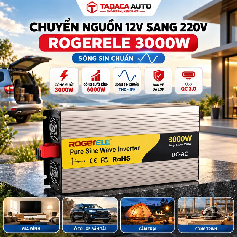 Chuyển nguồn 12V sang 220V Rogerele 3000W sóng sin