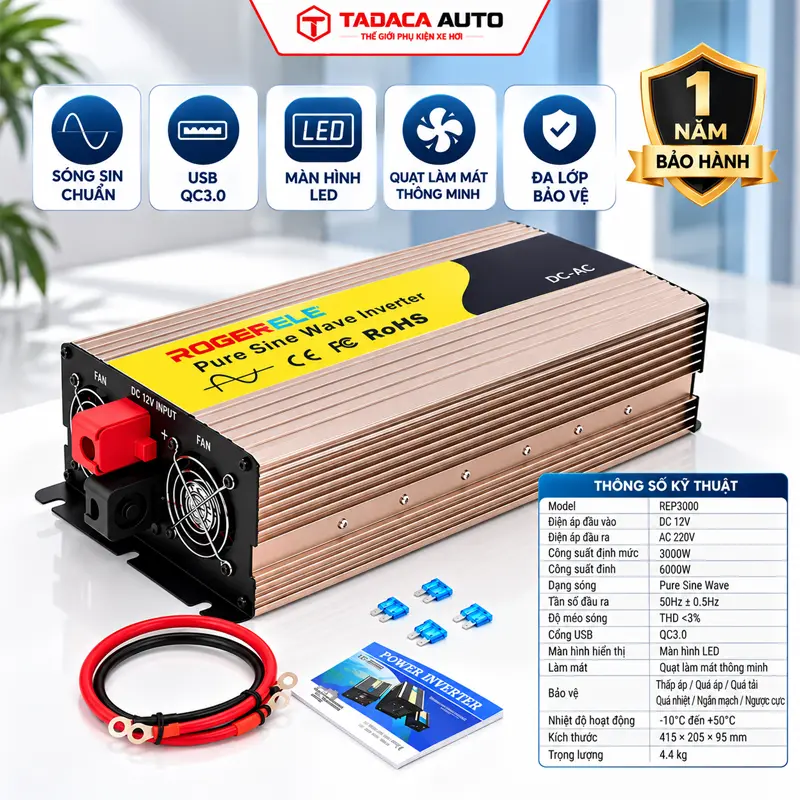 Thông tin sản phẩm chuyển nguồn 12V sang 220V Rogerele 3000W sóng sin