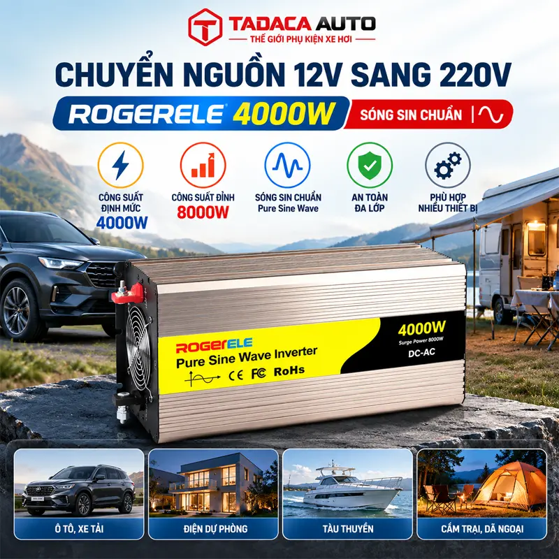 Chuyển nguồn 12V sang 220V Rogerele 4000W sóng sin