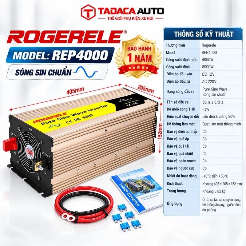 Thông tin sản phẩm chuyển nguồn 12V sang 220V Rogerele 4000W sóng sin