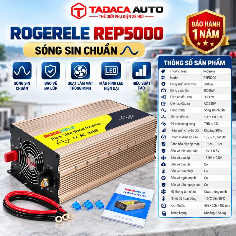 Thông tin sản phẩm bộ chuyển nguồn 12V sang 220V Rogerele 5000W sóng sin 
