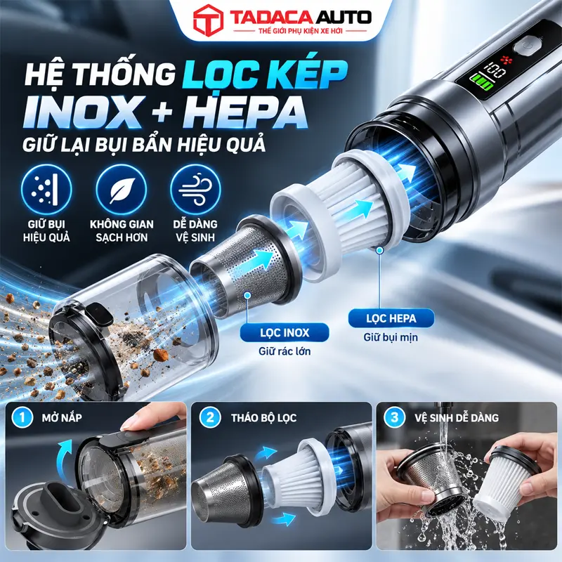 Hệ thống lọc kép Inox kết hợp HEPA, hỗ trợ giữ lại bụi bẩn