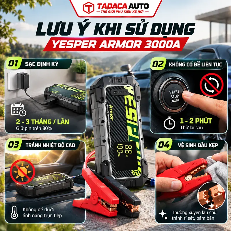 Những lưu ý khi sử dụng kích bình ắc quy ô tô Yesper Armor 3000A