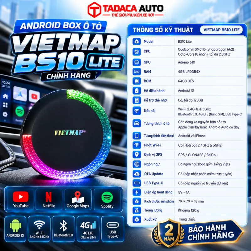 Thông tin sản phẩm Androi Box ô tô Vietmap BS10 Lite