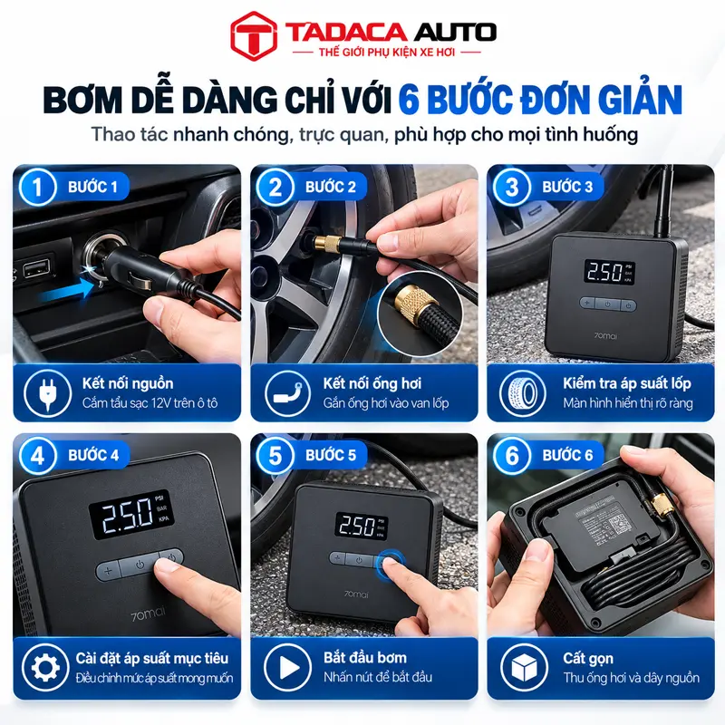 Hướng dẫn sử dụng bơm lốp ô tô 70mai TP10 với 6 bước đơn giản