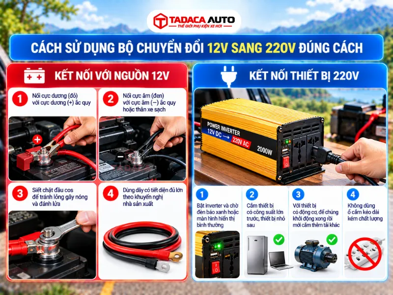 Cách sử dụng bộ chuyển nguồn điện 12V sang 220V đúng cách