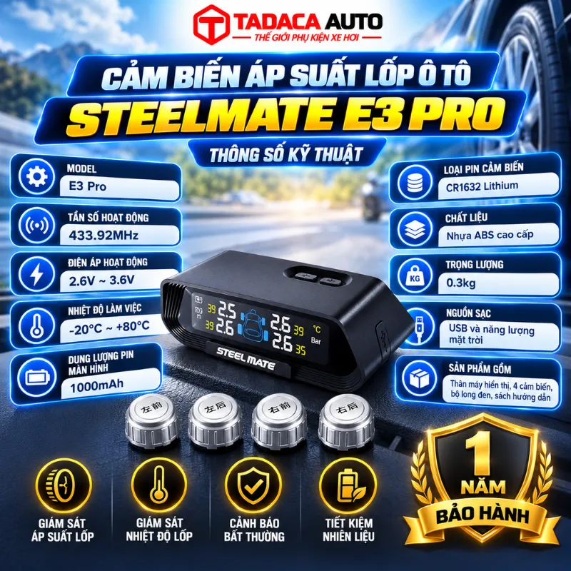 Thông tin sản phẩm cảm biến áp suất lốp ô tô Steelmate E3 Pro chính hãng