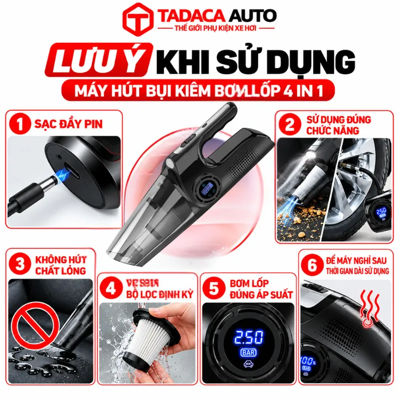 Lưu ý khi sử dụng máy hút bụi kiêm bơm lốp 4 IN 1