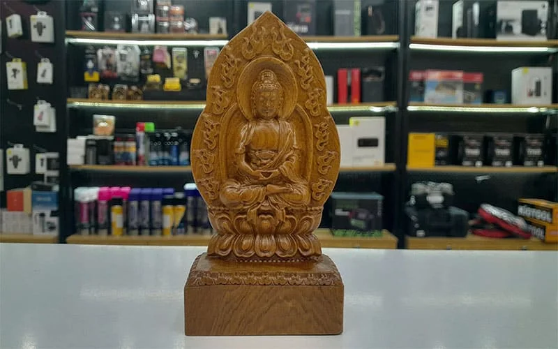 Tượng Như Lai Đại Phật Gỗ Bách Xanh Khắc 2 Mặt Để Taplo
