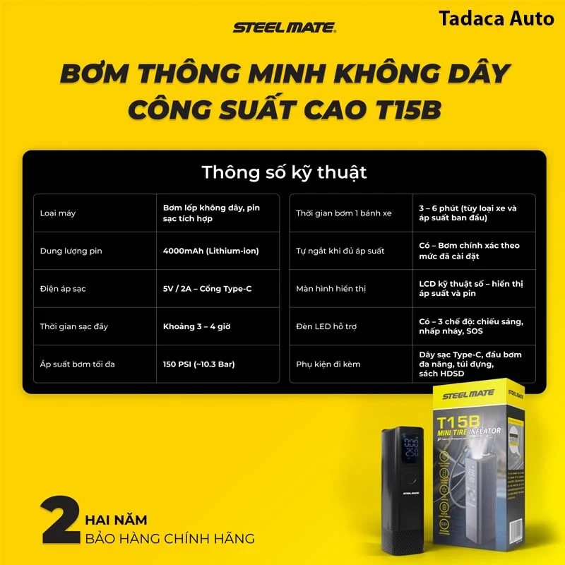 Bơm Lốp Ô Tô Không Dây Steelmate T15B