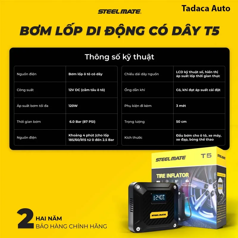 Bơm Lốp Ô Tô Steelmate T5 Điện Tử Tự Ngắt