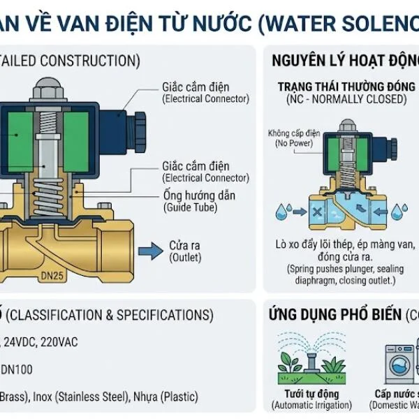 Valve điện từ nước là gì? Cấu tạo, nguyên lý, ứng dụng và giá