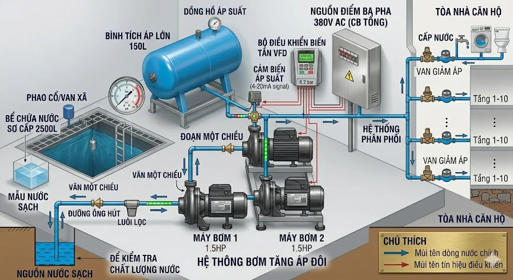 Cách lắp đặt theo sơ đồ máy bơm tự động