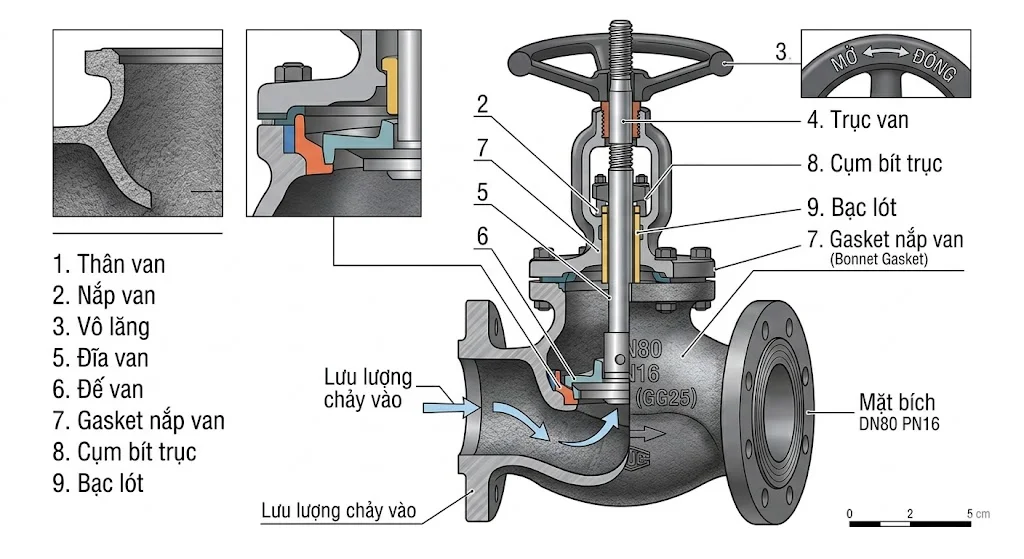 Cấu tạo van cầu hơi gang