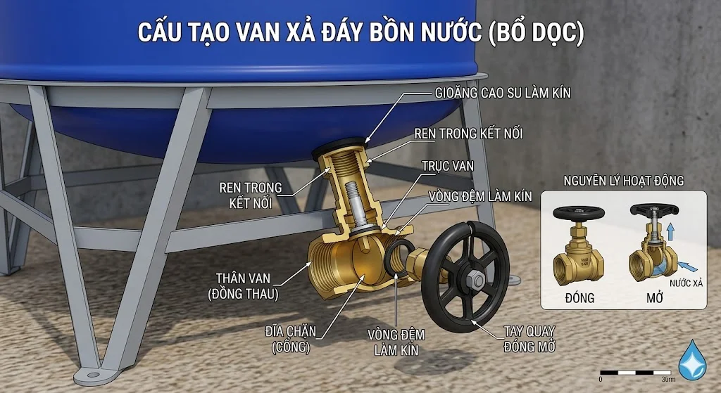 Cấu tạo van xả đáy bồn 