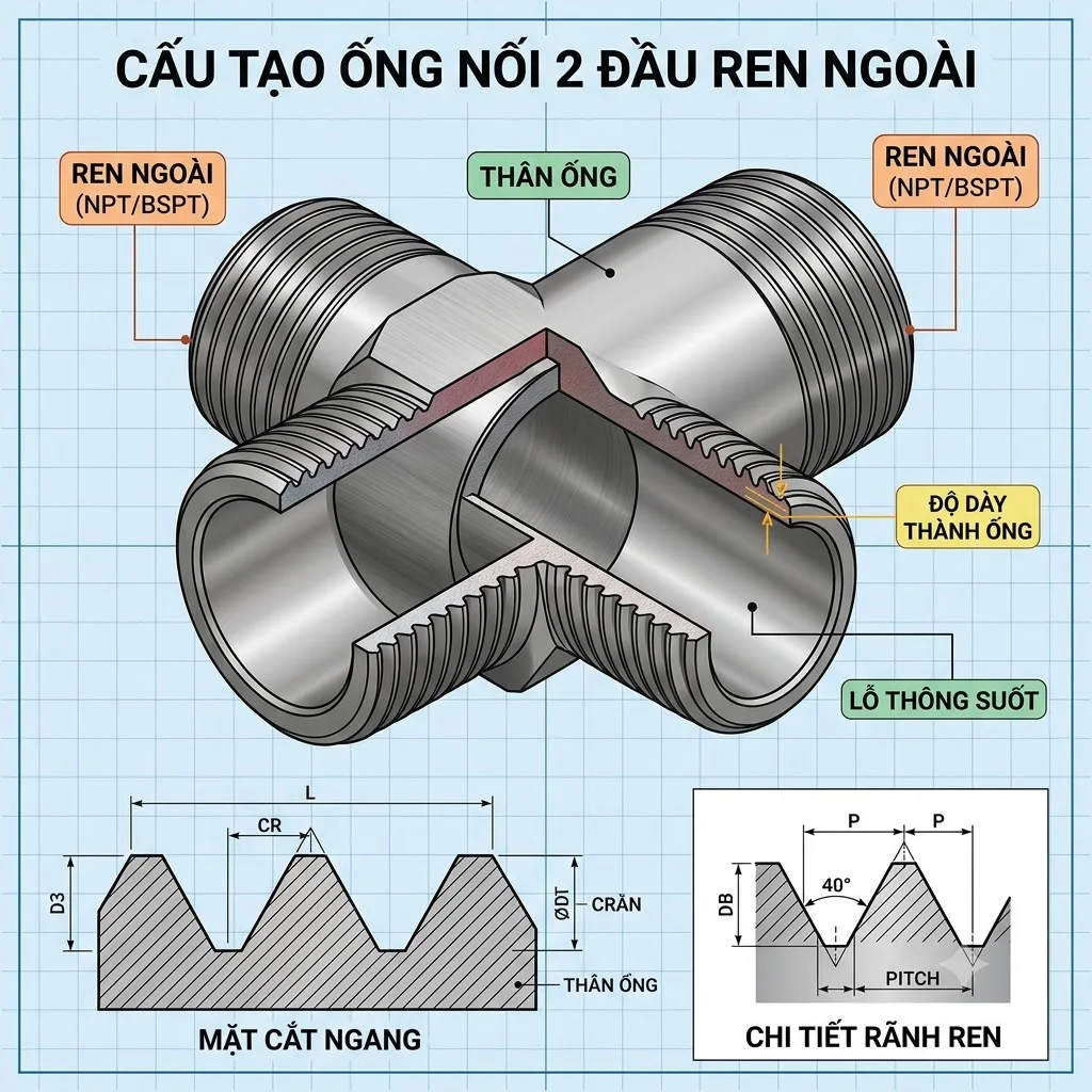Cấu tạo của Ống nối hai đầu ren ngoài 