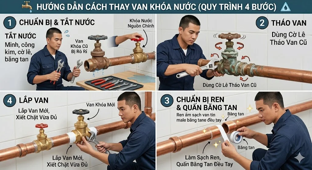 Các bước thay van khóa nước đúng kỹ thuật