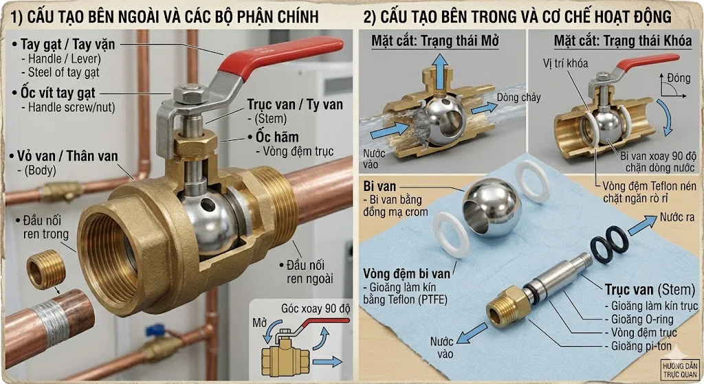 Các bộ phận chính trong cấu tạo van khóa nước