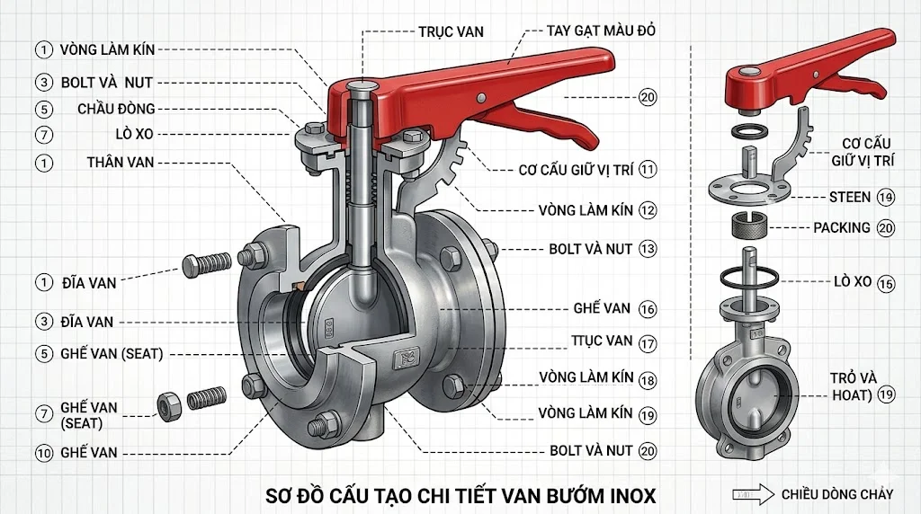 Cấu tạo của Stainless Steel Butterfly Valve With Red Handle