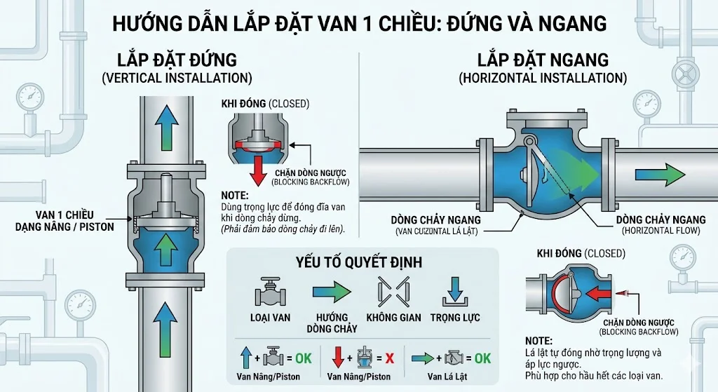 Nguyên tắc lắp van 1 chiều trên đường ống đứng