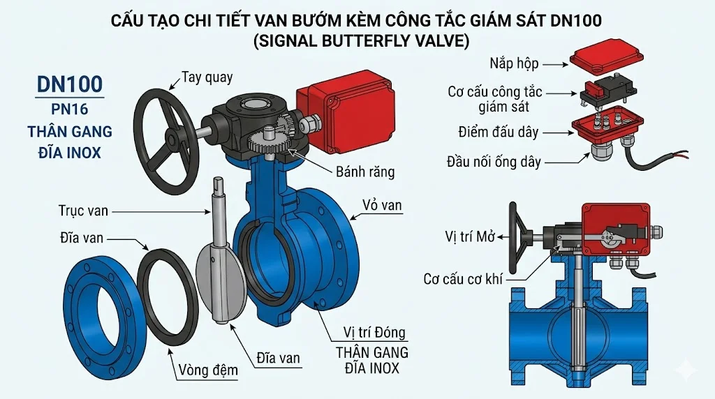 Khái niệm van bướm công tắc giám sát DN100 và đặc điểm nổi bật
