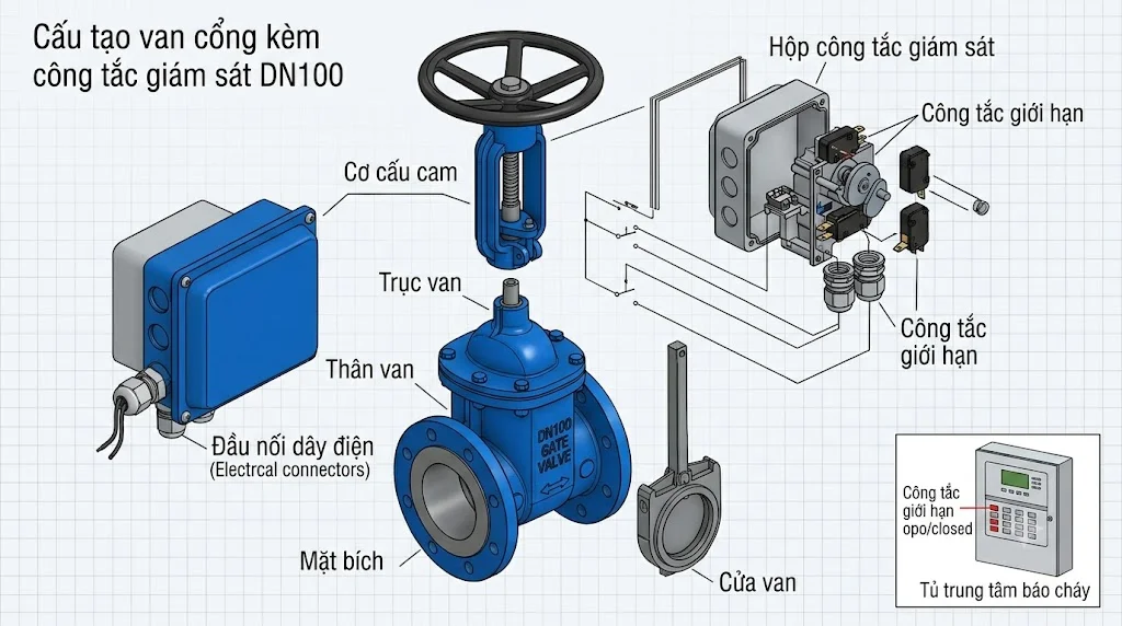 Các loại van cổng kèm công tắc giám sát DN100 phổ biến