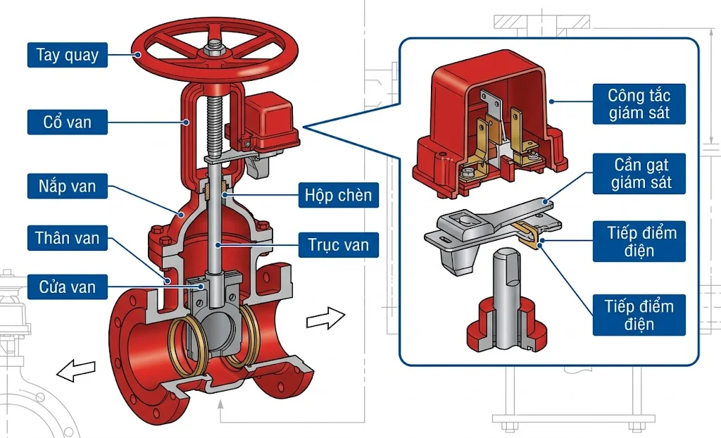 Cấu tạo Van cổng O S&Y kèm công tắc giám sát