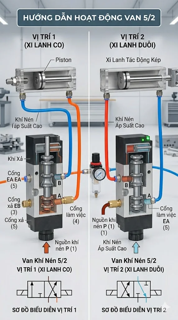 Nguyên lý hoạt động của van khí nén 5/2
