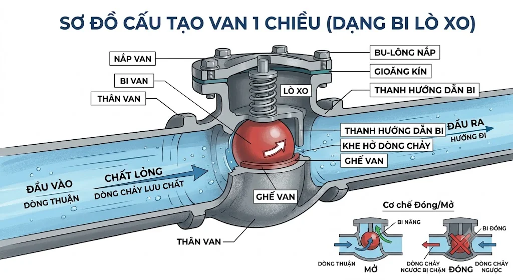 Cấu tạo Van 1 chiều gồm những bộ phận nào?