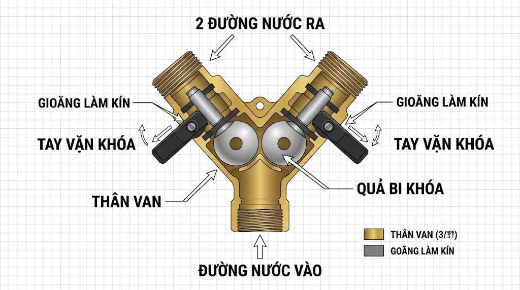 Cấu tạo của Van chia 2 đường nước có khóa